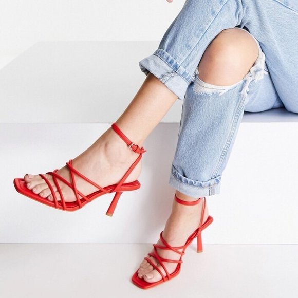 Revolve Tony Bianco Selena Heel Red Patent Leather Strappy Square Toe Stilettos - Picture 2 of 16